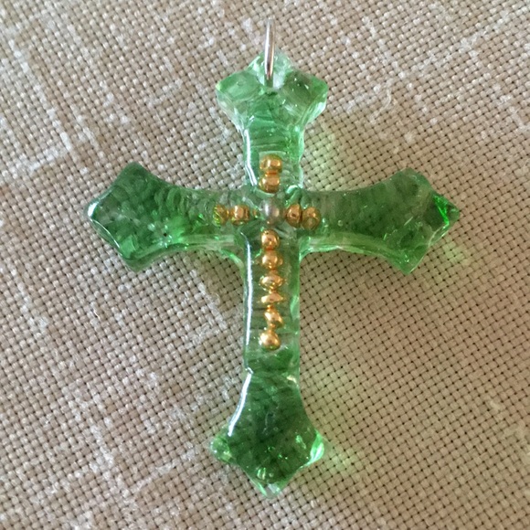 Green Glass Cross Pendant - Picture 2 of 5